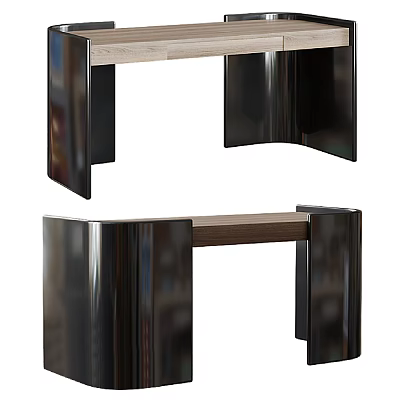 Modern Minimalist Desk With Wooden Top And Curved Black Metal Support Legs 3d model