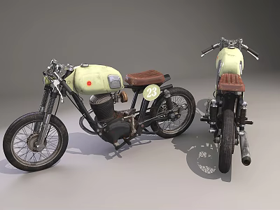 Vintage Motorcycles With Brown Seats Spoked Wheels Tank And Exhaust Pipes 3d model