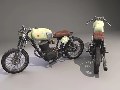 Vintage Motorcycles With Brown Seats Spoked Wheels Tank And Exhaust Pipes 3d model Vintage Motorcycles With Brown Seats Spoked Wheels Tank And Exhaust Pipes 3d model