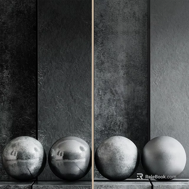Dark Textured Slate Background Wall With Vertical Strips And Metallic Spheres At Bottom 3d model 