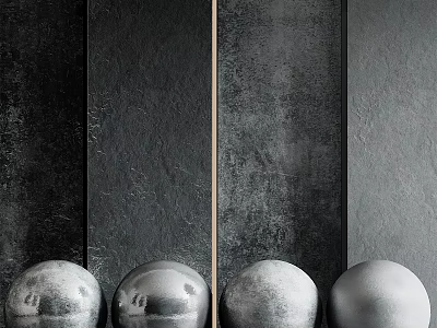 Dark Textured Slate Background Wall With Vertical Strips And Metallic Spheres At Bottom 3d model