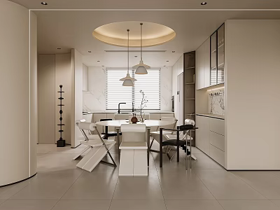 Modern Minimalist Dining Living Room Interior Design With Pendant Lights Dining Table And Chairs 3d model