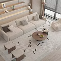 Modern Beige Sofa and Coffee Table Set with Throw Pillows Accent Chair Stools and Light Rug