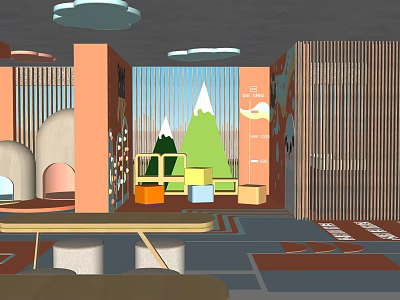 Indoor Garden Landscape Featuring Mountain Shaped Decor Green Plants And Colorful Furniture 3d model