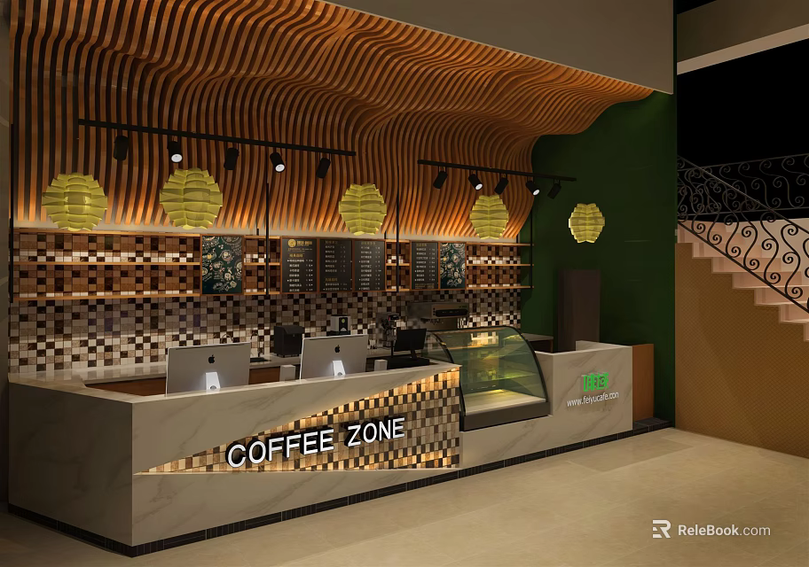Modern Coffee Zone Interior With Wooden Ceiling Pendant Lights And Counter 3d model 