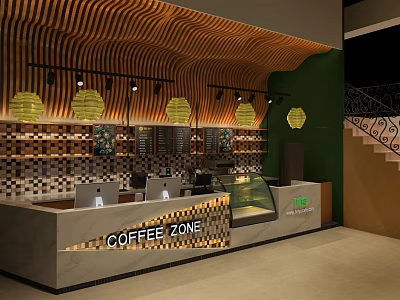 Modern Coffee Zone Interior With Wooden Ceiling Pendant Lights And Counter 3d model
