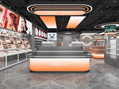 Modern Cosmetics Store Interior Design With Makeup Counter Cosmetics Shelves And Display Screens 3d model