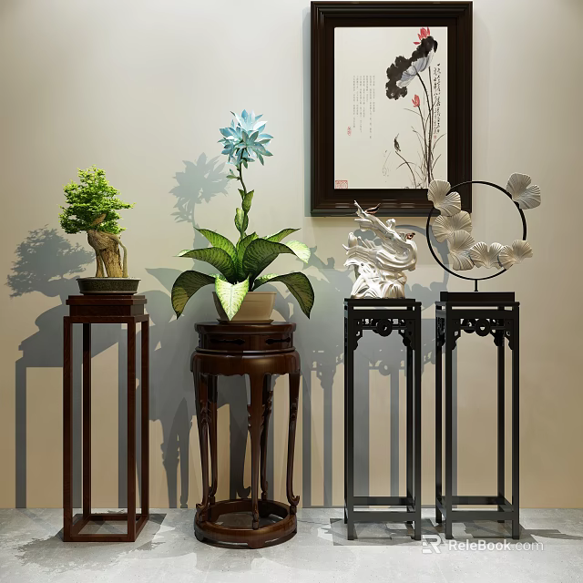 Traditional Oriental Decorative Ornament Combination With Green Plant Blue Flower Sculpture And Wooden Stands 3d model 