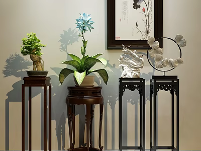Traditional Oriental Decorative Ornament Combination With Green Plant Blue Flower Sculpture And Wooden Stands 3d model