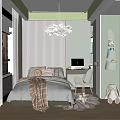 Cozy Kids Room Interior Design With Green Walls Bed Desk Chair Plush Rabbit And Chandelier