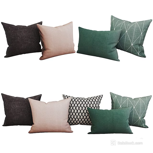 Various Soft Textured Decorative Throw Pillows in Black Pink Green with Geometric Patterns 3d model