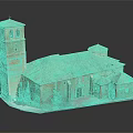 Historic Brick Church Building With Tiled Roof Tower And Small Trees