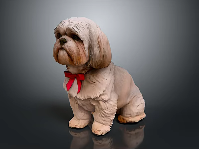 Shih Tzu Statue Sitting With Red Bow Tie On Smooth Surface And Dark Background 3d model