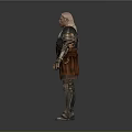 Standing Warrior Character in Silver Armor with Golden Accents Brown Tunic