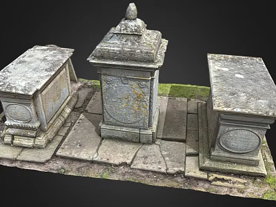 Stone Architectural Components with Intricate Carved Details on Stone Slab Platform and Surrounding Grass 3d model