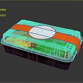 Display Shelf Showcasing Colorful Fruit Vegetable Plastic Containers With Transparent Lids And Orange Straps
