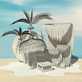 Scenic Beach Photo Spot With Palm Trees Straw Umbrella And Striped Lounge Chair