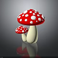 Large And Small Red Mushrooms With White Spots On Dark Background