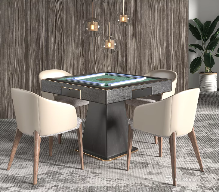 Entertainment Table with Mahjong Surface Four Chairs Wooden Wall Pendant Lights and Green Plant 3d model 