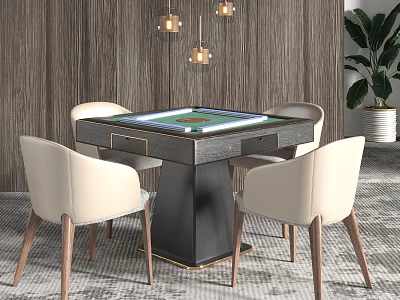 Entertainment Table with Mahjong Surface Four Chairs Wooden Wall Pendant Lights and Green Plant 3d model