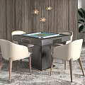 Entertainment Table with Mahjong Surface Four Chairs Wooden Wall Pendant Lights and Green Plant