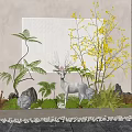 Garden Ornament Design With Deer Sculpture Ferns Yellow Flowering Tree Moss And Stones