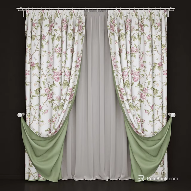 White Floral Curtains With Pink Flowers Green Tiebacks Double Layer Design 3d model 