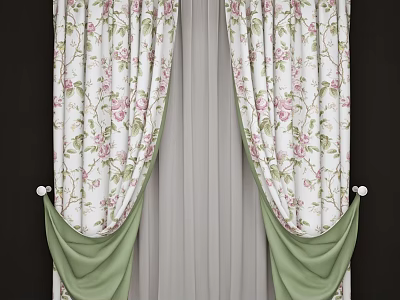 White Floral Curtains With Pink Flowers Green Tiebacks Double Layer Design 3d model