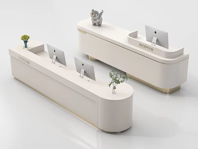 Modern White Curved Reception Desks With Mac Computers Small Plants And Cat Decoration 3d model
