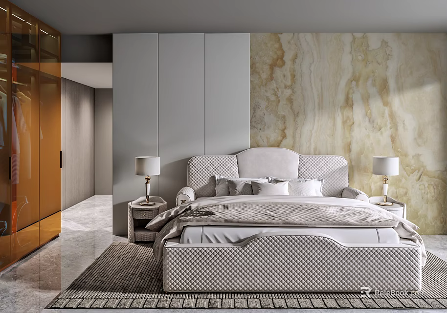 Modern Bedroom Interior With Upholstered Headboard Marble Wall Nightstands And Table Lamps 3d model 