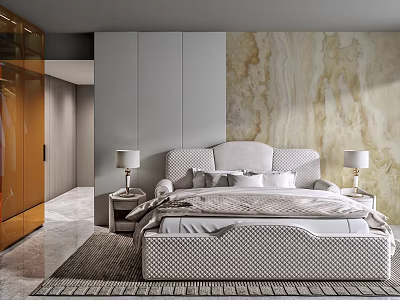 Modern Bedroom Interior With Upholstered Headboard Marble Wall Nightstands And Table Lamps 3d model