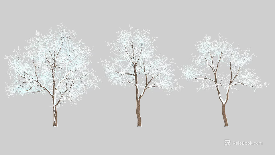 Three Snow Covered Trees With Brown Trunks And White Snow On Branches 3d model