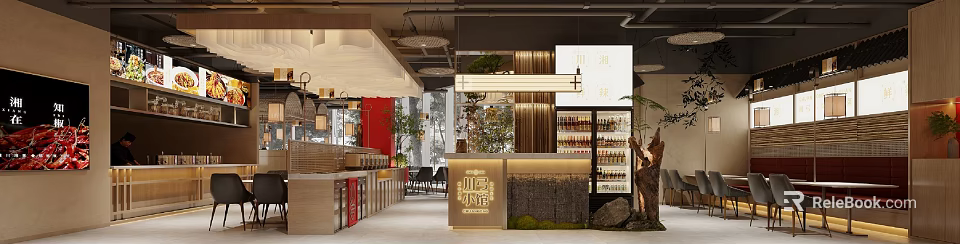 Modern Restaurant Interior Featuring Counter Wine Display Green Plants And Lighting Fixtures 3d model 