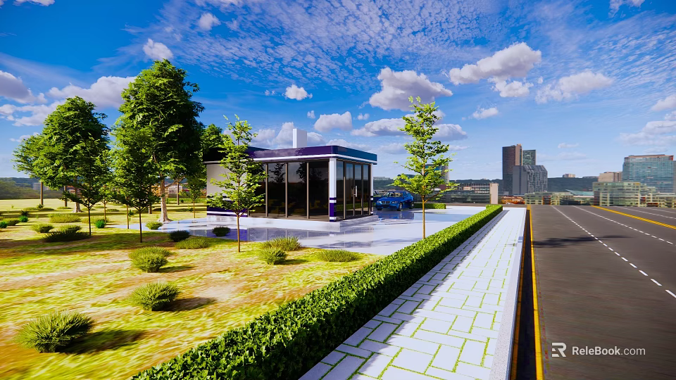 Modern Glass Building In Landscaped Garden With Green Hedge Lawn And City Road 3d model 
