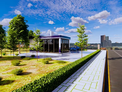 Modern Glass Building In Landscaped Garden With Green Hedge Lawn And City Road 3d model