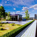 Modern Glass Building In Landscaped Garden With Green Hedge Lawn And City Road