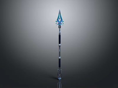 Modern Fantasy Spear With Blue Spiked Head And Ornate Metallic Shaft Design Details 3d model