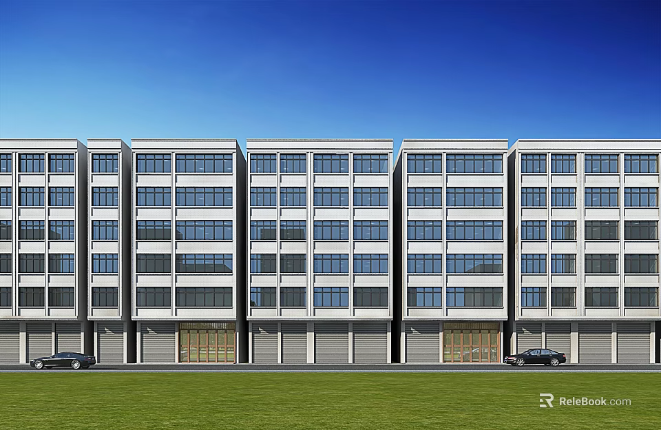 Aerial Planning Of Modern Multi Story Building With Windows Ground Garages Front Lawn And Cars 3d model 