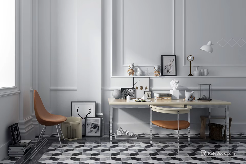Modern Desk Interior With Brown Chair Framed Pictures Lamp Black White Geometric Tiled Floor 3d model 