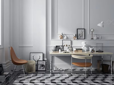 Modern Desk Interior With Brown Chair Framed Pictures Lamp Black White Geometric Tiled Floor 3d model