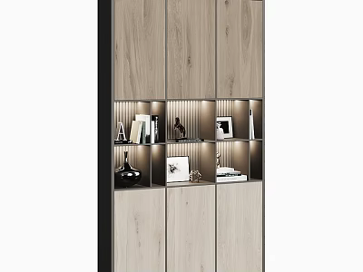 Modern Wooden Storage Cabinet Featuring Open Shelves LED Lighting And Decorative Display Items 3d model