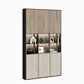 Modern Wooden Storage Cabinet Featuring Open Shelves LED Lighting And Decorative Display Items