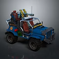 Blue Off Road Vehicle With Yellow Black Striped Roof Equipment And Red Interior