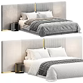 Modern Double Bed With Upholstered Headboard Decorative Pillows Striped Bed Runner And Gold Accents