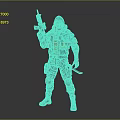 Futuristic Hooded Character In Blue Orange Tactical Outfit Holding Rifle And Combat Knife