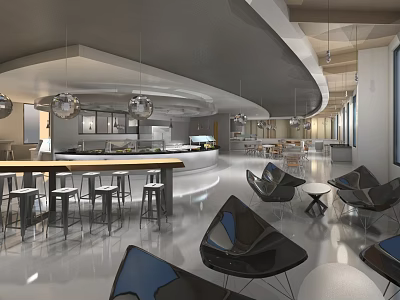 Modern Restaurant Interior With Open Dining Area Bar Counter And Stylish Pendant Lights 3d model