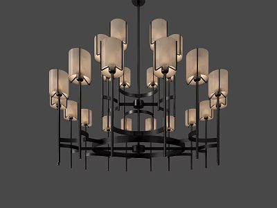 Modern Black Metal Frame Chandelier With Multiple Beige Fabric Lamp Shades And Circular Design 3d model