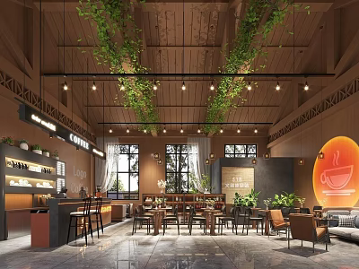 Modern Cafe Interior Design With Wooden Ceiling Green Vines Pendant Lights And Cozy Seating Area 3d model
