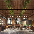 Modern Cafe Interior Design With Wooden Ceiling Green Vines Pendant Lights And Cozy Seating Area