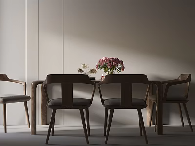 Modern Wooden Dining Table and Chairs Set With Pink Flower Arrangement on Light Wall Background 3d model